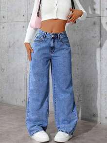 少女蓝色休闲直筒牛仔裤 - 中等水洗藍 - 查看 5