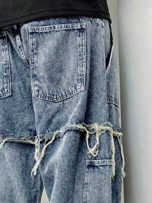 垃圾摇滚哥特 Y2K 风格时尚休闲流苏年轻街头时尚学院运动宽松直筒阔腿百搭休闲男士牛仔裤 - 淺色水洗藍 - 查看 5