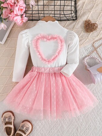 2pcs Girls Princess Style Heart Pattern Long Sleeve Top & Polka Dot Mesh Tutu Skirt Set, Autumn