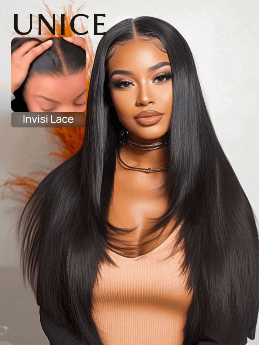 UNice Hair Black Layered Sleek Smooth Straight 13x4 100% Human Hair Lace Frontal Wig With Drawstring Pre Bleached Pre Cut Pre Bleached Invisible Lace Hair With Sophisticated Layer Cuts Zero Lace Edge Natural Look Pre Styled Hairline Unice Wig