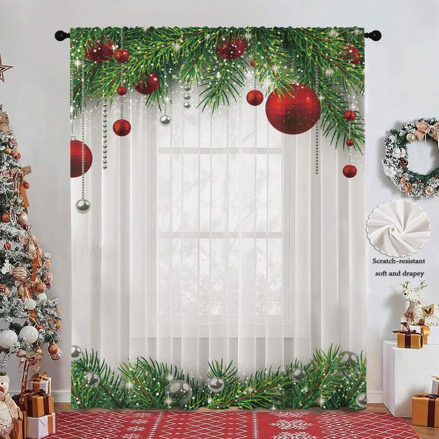 1 قطعة ستائر مطبوعة شفافة ذات نمط كرة عيد الميلاد الرائعة واللامعة، نصف معتمة، سهلة التركيب بجيب للعصا. مناسبة لغرف النوم والمكاتب، ديكور عيد الميلاد الدافئ الذي يضيف إلى مساحتك جوًا احتفاليًا ولامعًا. ديكورات عيد الميلاد ديكورات المنزل ديكور الغرفة ديكور المنزل