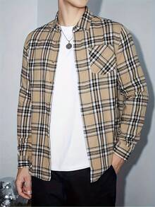 男士休闲时尚格子图案翻领长袖衬衫，适合户外活动和日常穿着 - 卡其色 - 查看 2