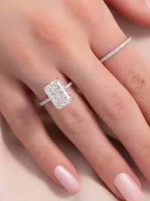 1pc 925 Sterling Silver 2-5ct Rectangular Cut Large Cubic Zirconia Women's Wedding Band Engagement Bridal Party Ring, Fine Jewelry Gift - Silver - View 5