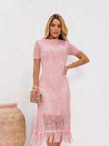 Casual Short Sleeve Midi Dress With Fringe Knit - Baby Pink - View 5