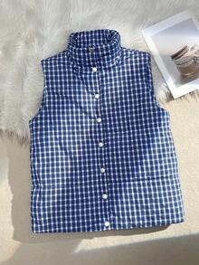 Women's Korean/Japanese Style Casual Blue Plaid Vest, Layered Outerwear, Sleeveless, Loose Cotton Jacket, Autumn/Winter