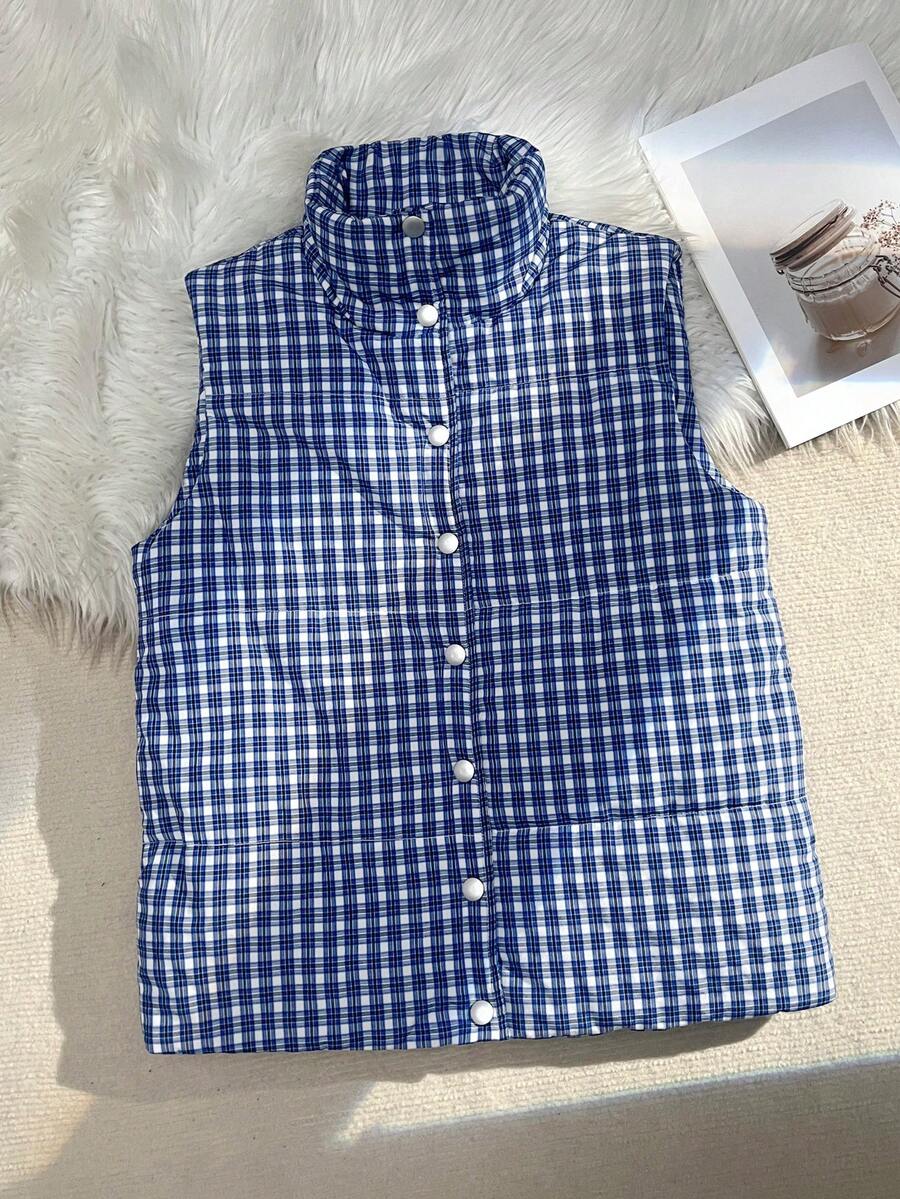 Women's Korean/Japanese Style Casual Blue Plaid Vest, Layered Outerwear, Sleeveless, Loose Cotton Jacket, Autumn/Winter