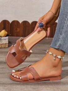 女士方头 H 型平底拖鞋，日常休闲家居服