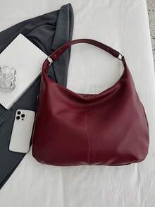 时尚简约女士手提包 - 宽敞的肩背托特包，配有安全拉链，百搭时尚配饰，有浅黑色/酒红色/棕色可选，时尚酒红色手提包 - 酒紅色 - 查看 7