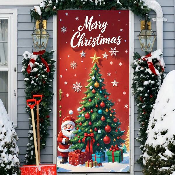 2pcs Christmas Door Decor Set, Holiday Ripple Door Cover, 35x79 Inches, Easy Install & Remove, Anti-Dirty, With Door Flag Decor, Suitable For Holiday Home Decor, Wedding, Birthday, Anniversary