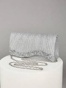 REMANLAND 迷你闪亮链条折叠褶皱方形手拿包，镶钻晚宴包，完美搭配女士舞会礼服、派对配饰、亮片连衣裙、闪亮连衣裙、优雅连衣裙，优雅舞会包，完美搭配伴娘，适合婚礼招待会、派对、婚礼、舞会、盛会和其他场合。