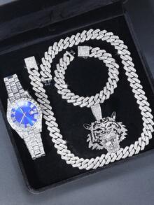 4pcs/Set Hip-Hop Fashion Cuban Bracelet Necklace Set With Quartz Watch And King Pendant Necklace, Men's Jewelry Set, Rapper's Jewelry,Perfect Gift For Dad, Boyfriend, Brother - A - View 6