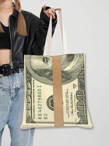1 pieza, Bolso de tela vintage con impresión de billetes de $100 a doble cara, bolso de lona con tema de dólar de moda, bolso de playa, estilo bohemio y académico, adecuado para el hogar, compras, viajes, escuela, regalos, 16in*14in