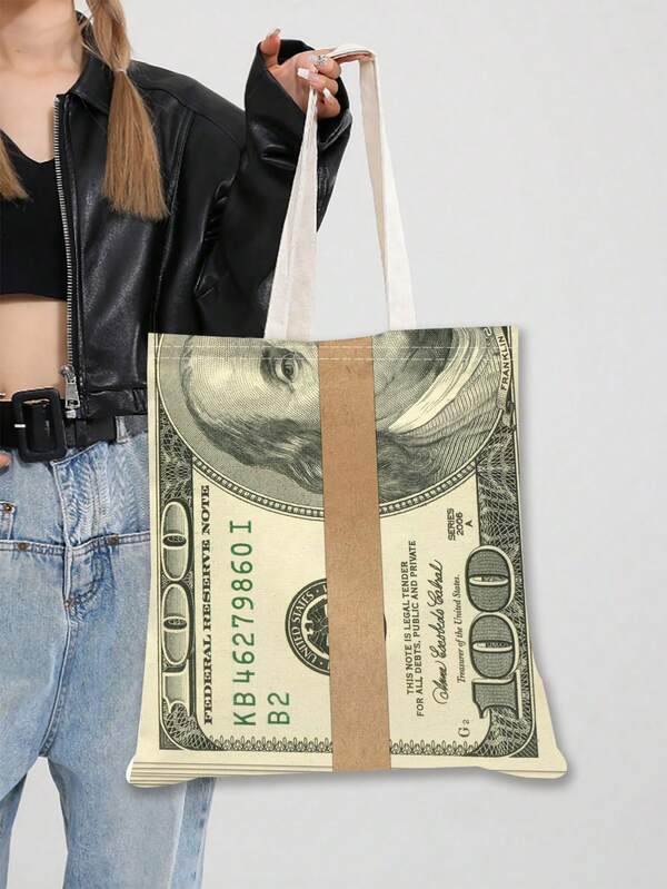 1 pieza, Bolso de tela vintage con impresión de billetes de $100 a doble cara, bolso de lona con tema de dólar de moda, bolso de playa, estilo bohemio y académico, adecuado para el hogar, compras, viajes, escuela, regalos, 16in*14in