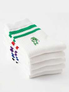 5 Pairs Kids Colorful Double Bar White Sports Mid-Calf Socks, Cute Cartoon Blue Rabbit & Tao Tao Pattern, Fashionable & Versatile, Skin-Friendly Soft Breathable Casual Sports Socks, Suitable For Back To School, Daily Wear, Holidays, Travel, Back To School Season - Multicolor - View 3