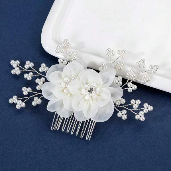 Accessoire de cheveux de mariée, peigne à cheveux fleuri doux, coiffe de fleurs blanches et de perles, style coréen pour la photographie de mariage