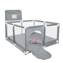 Parque infantil de 180 x 120 cm, con base, modular, plegable, grande, con puerta con cremallera, 50 pelotas, aro de baloncesto y 8 ventosas (126 x 126 x 66 cm, gris oscuro/azul marino/negro/gris claro) - Gris oscuro 1 - Ver 1