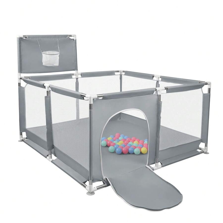 Parque infantil de 180 x 120 cm, con base, modular, plegable, grande, con puerta con cremallera, 50 pelotas, aro de baloncesto y 8 ventosas (126 x 126 x 66 cm, gris oscuro/azul marino/negro/gris claro) - Gris oscuro 1 - Ver 1