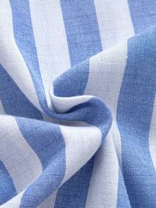 男士时尚条纹长袖纽扣衬衫，休闲立领，适合约会、海滩、度假等多种场合 - 藍色 - 查看 5