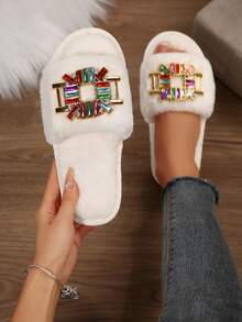 Women's Plush Rhinestone Decor Slip-On Slippers, Fashionable Cute Warm Casual Round Toe Rubber Soft Sole Plush Slippers - White - View 2