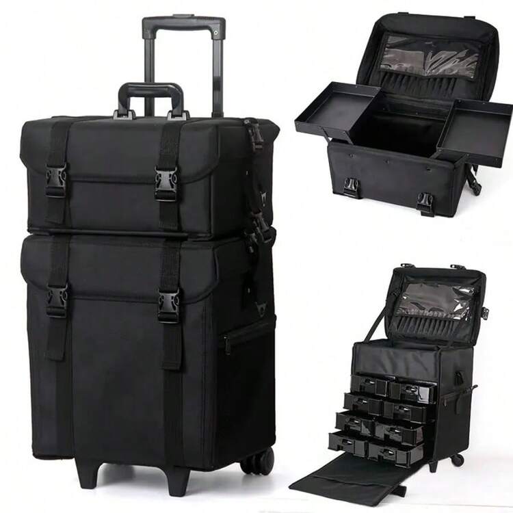 Maleta para maquillaje profesional cosmetiquera 2 en 1 maleta con compartimentos desmontables diseño moderno ideal para viajes y profesionales - Negro - Añade 1