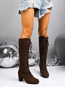 2025年秋冬女士时尚粗跟靴，高品质百搭高筒靴，侧拉链，前系带 - 咖啡棕 - 查看 5