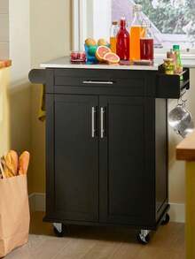 SoBuy Serving Trolley With Door And Drawer Metal Wood Black - Black - View 1