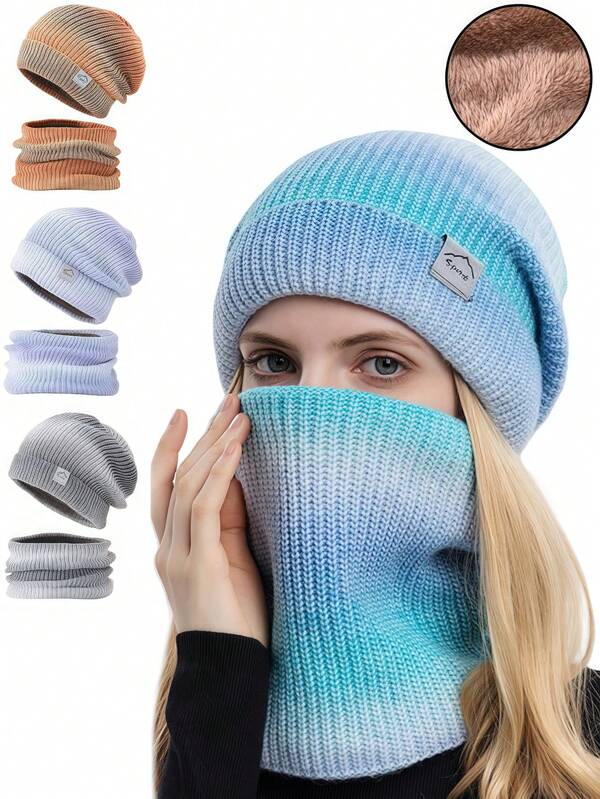 1 Set Men & Women's Warm Wool Skull Cap With Neck Warmer, Gradient Color Winter Ski Cycling Helmet Liner, Running Beanie, Ski Hat With Ear Flaps And Ski Mask, Balaclava Face Mask For Winter Sports, Windproof Ski Neck Warmer, Cold Weather Hat And Neck Warmer