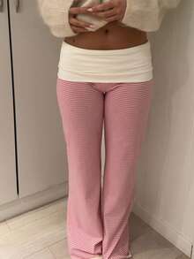 Fold Over Yoga Pants For Women Elastic Waist Low Rise Straight Wide Leg Sweatpants Y2k Color Block Flare Yoga Lounge Leggings Stretchy Loose Gym Pants Back To School Clothes For Teen Girls - Hồng - Xem 2