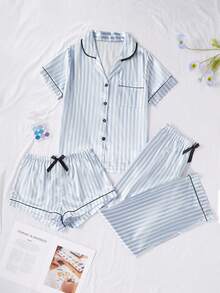 3pcs Women Striped Print Pocket Short Sleeve Top And Shorts/Pants Pajama Set, Suitable For Spring, Summer, Autumn - Blue and White - View 1