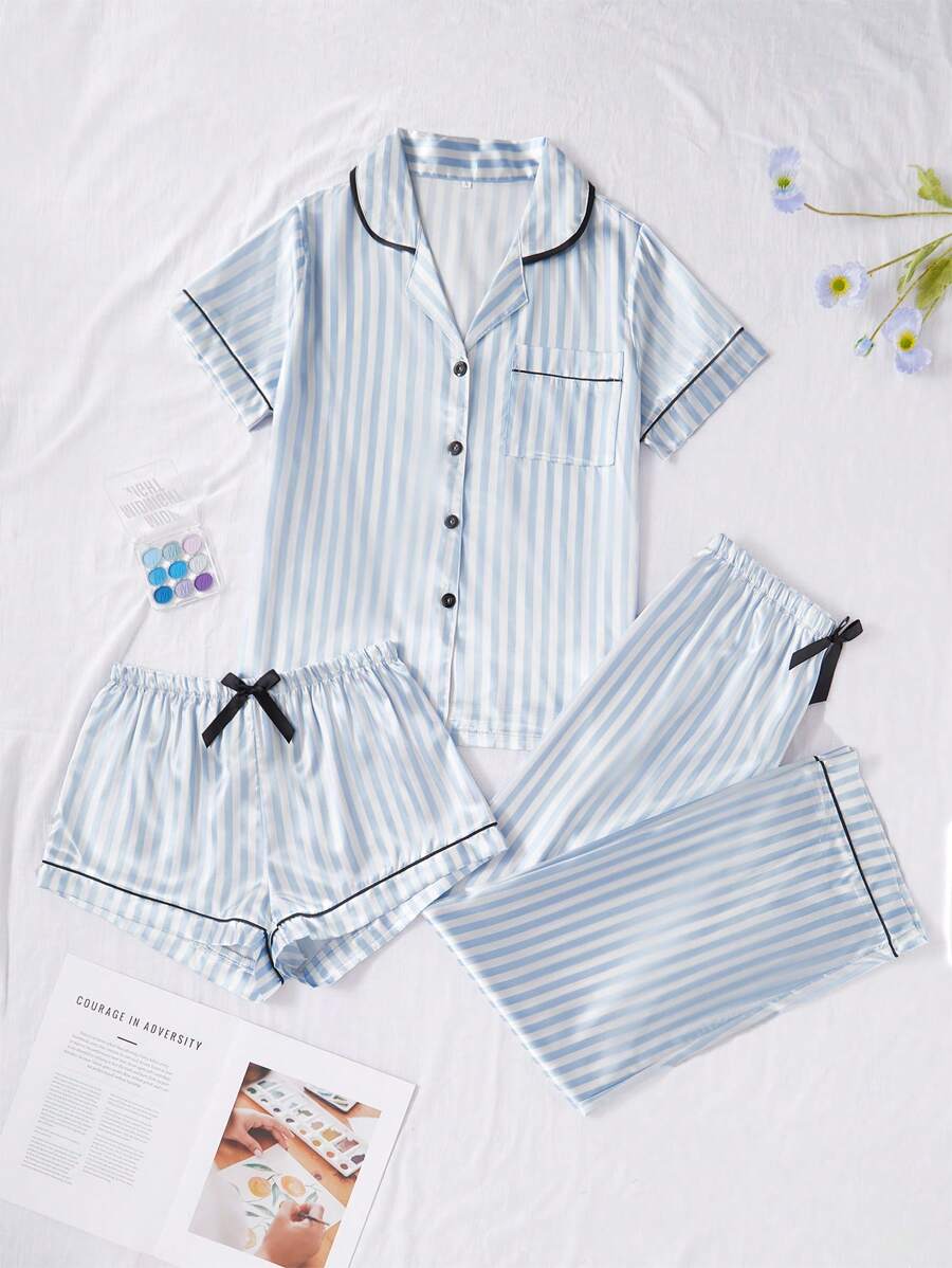 3pcs Women Striped Print Pocket Short Sleeve Top And Shorts/Pants Pajama Set, Suitable For Spring, Summer, Autumn - Blue and White - View 1