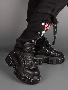 女士平底朋克踝靴，黑色圆头高跟运动鞋，厚底软底摇滚踝靴，系带休闲橡胶滑板鞋 - 黑色 - 查看 6