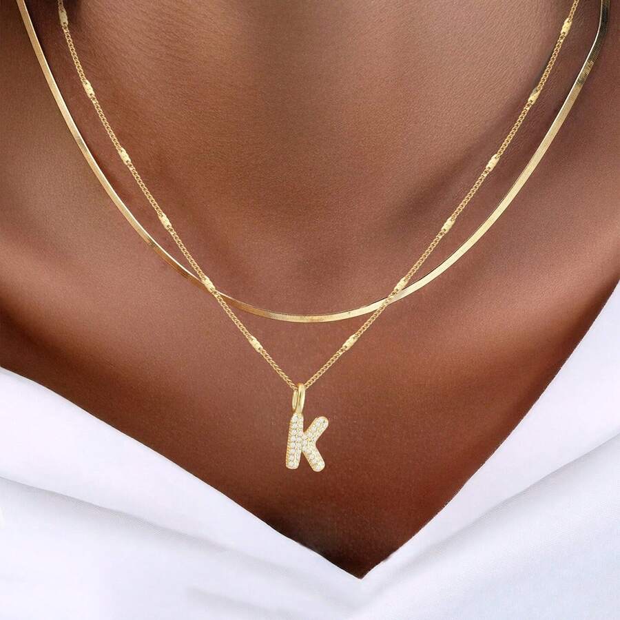 2Pcs/Set New Big Bubble Initial Gold Color Stainless Steel Chain Choker Layered Necklaces For Women