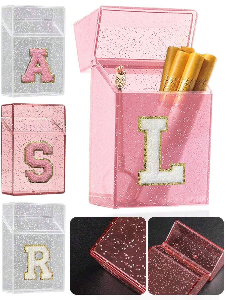 1PC雪花烟盒雪茄烟嘴打火机收纳盒防潮抗压塑料闪亮香烟收纳盒刺绣立体首字母A到Z透明烟盒女士男士礼物20件烟具配件