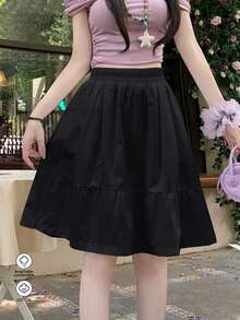 Rikumo 日系休闲黑色半身裙，带口袋，A字裙摆设计，春季款 - 黑色 - 查看 7