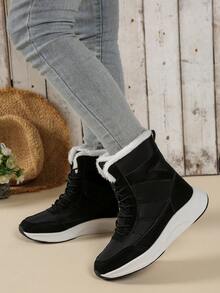 Unisex Snow Boots, Solid Color Leather Patchwork Decor, Front Lace-Up, Non-Slip Sole, Suitable For Outdoor Sports - Black - View 2