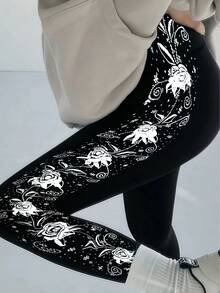 1 件女士时尚优雅银箔印花侧条纹紧身弹力九分裤，休闲日常穿着和运动紧身裤 - 黑色 - 查看 12