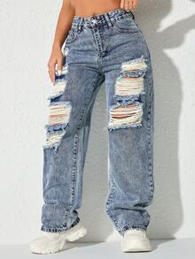 Y2K Carnival Street Purple High Waist Side Pocket Straight Leg Jeans - Dark Wash - View 7