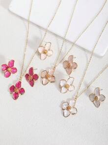 1pc Necklace, 1 Pair Earrings, 1pc Ring, Colorful Enamel Four-Petal Flower, Five-Petal Flower, Egg Flower Floral Jewelry Set, 4pcs/3pcs Set, Suitable For Daily Wear, Vacation, Party, Gifts For Friends - Four-petal Flower Jewelry Set - View 15