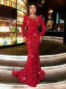 CHOSMO Elegant Sequin Mermaid Maxi Dress For Party - Red - View 6