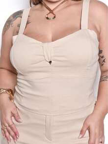 Conjunto Feminino Saia Short e Cropped Plus Size - Bege - Visão 4