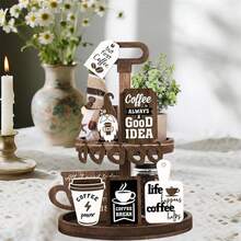 Rustic Home Tiered Tray Decorations Set Coffee Time Wood Signs For Bar Farmhouse Kitchen Table Shelf - màu nâu - Xem 2