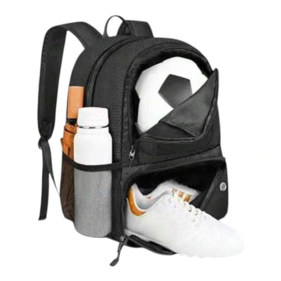 Mochila Futbol con Zapatillero, Mochila Deportiva Ligera Hombres Mujeres Mochila Baloncesto, Mochila Gimnasio Mochila Gym para Baloncesto, Voleibol, Futbol, Negro 3690
