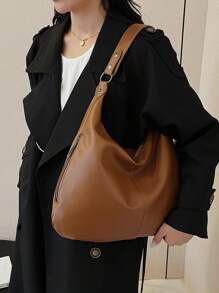 1个女士时尚简约手提包 - 大容量单肩托特包，带安全拉链，百搭时尚配饰，有浅黑色/酒红色/棕色可选 - 棕色 - 查看 5