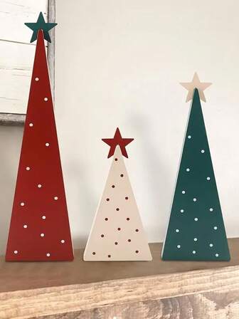 3 pièces Accents décoratifs en bois de forme conique colorés, avec des motifs d'étoiles et de points sur le dessus. Décoration de table et de cheminée minimaliste et chaleureuse, convenant pour le salon, la chambre, la cheminée, le bureau, la décoration de la maison, la décoration de la pièce, les cadeaux