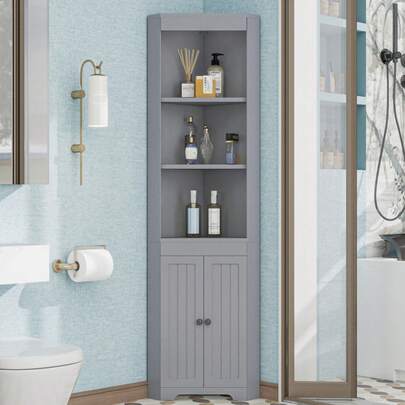 Tall Bathroom Cabinet, Three Open Shelves, Moisture-Proof Wing Doors, Movable Insertable Shelves, Simple Design, White