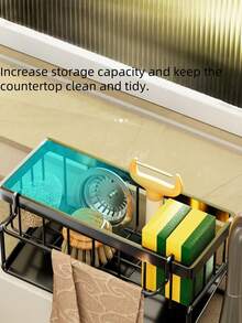 1 pieza Soporte de esponja de plástico para fregadero de cocina, escurridor de platos, estante extraíble para paños, estante de almacenamiento de plástico multifuncional para esponja, jabón y cepillo, dispensador de jabón y soporte para cepillo de baño, accesorios de cocina - Multicolor - Ver 6