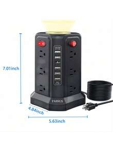 PASSUS Surge Protector Power Panel Tower With 5 USB Ports And Night Light, 10ft Extension Cord With 12 AC Multi-Outlets, PASSUS Power Tower, Home Office Dorm Room Overload Protection (2 Packs - White + Black)