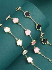 3 件套优雅幸运花手链套装，黑、白、粉三色组合，时尚休闲女孩款，适合日常佩戴 - 彩色 - 查看 3