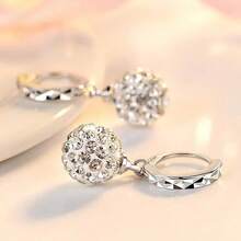 时尚韩流925纯银镀层浪漫全镶钻水晶公主球耳钉，女士婚礼派对首饰 - 銀色 - 查看 3