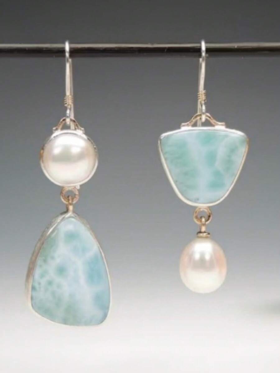 Vintage Copper Asymmetric Faux Pearl Pendant Earrings, Handmade Bohemian Style Women Earrings